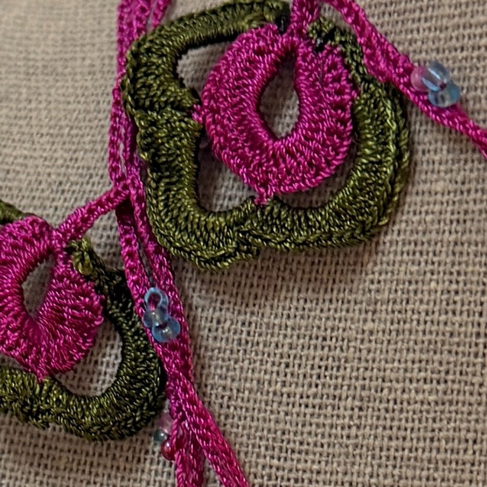 Collectable Traditional Turkish Oya Necklace, Wine & Green Motifs & Beading
